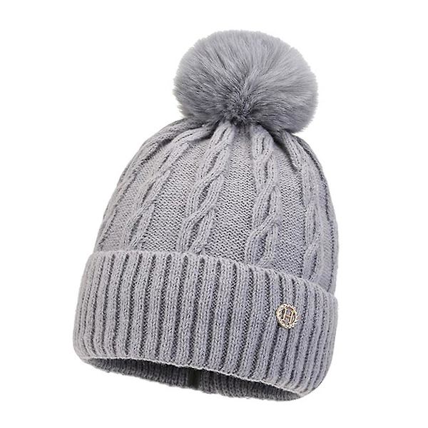 Dam Kabelstickad Varm Vintermössa Stickad Termisk Pom Pom Mössa Grey