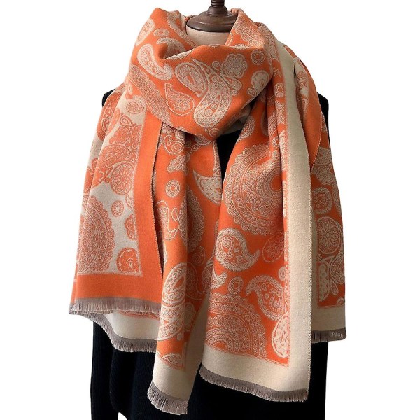 Moteskjerf for kvinner med tykk, varm kasjmirimitasjon med cashewblomstdesign for kaldt vær, utendørs skigåing og sykling Orange