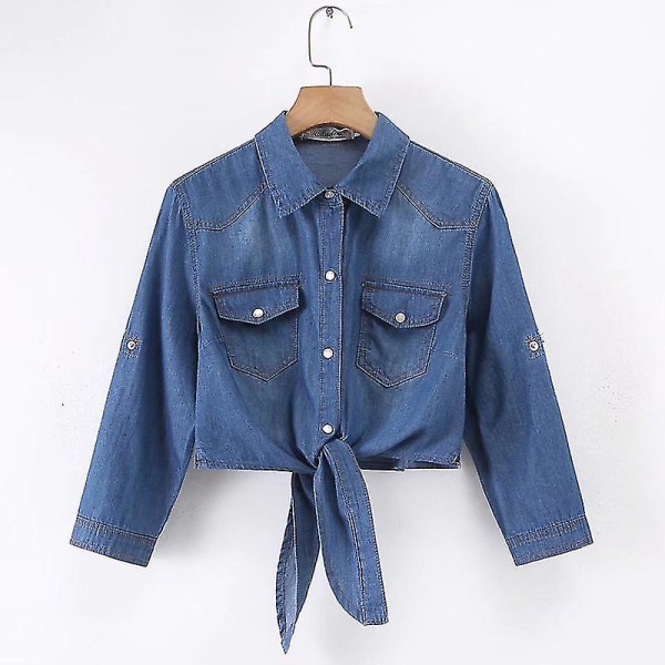 Dame Mode Casual 3/4 Ærme Knap Crop Jean Top Knude Slips Denim Skjorte Jakke Blue XXL