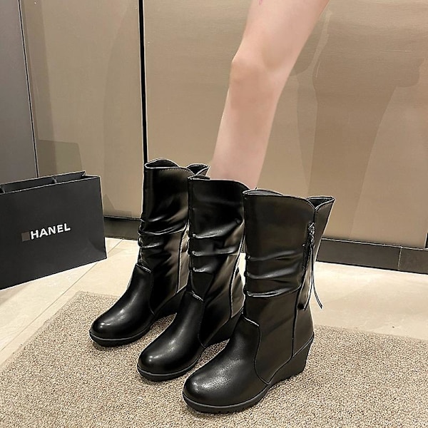 Dam svarta midcalf-stövlar med dragkedja mångsidiga bekväma mjuka skor för kvinnor vardagskläder Black Single Lining 35