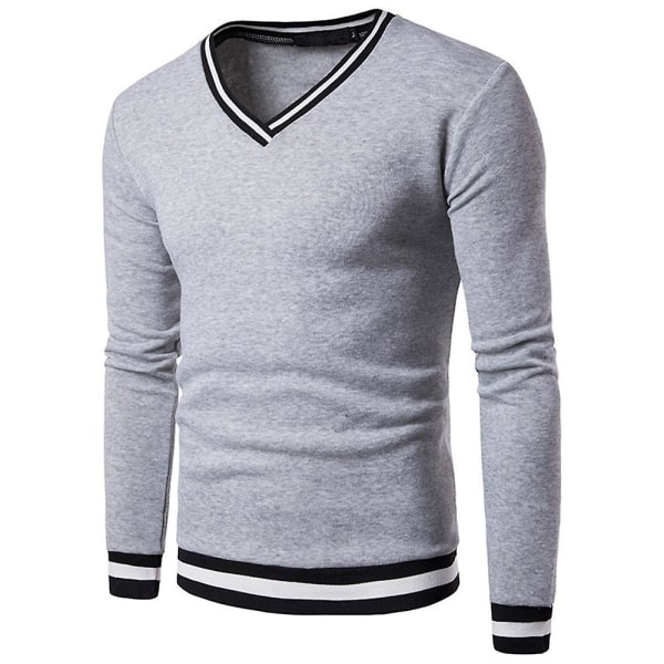 Herr Colorblock V-ringad Långärmad Tröja Casual Slim Fit Pullover Jumper Toppar Light Grey 2XL
