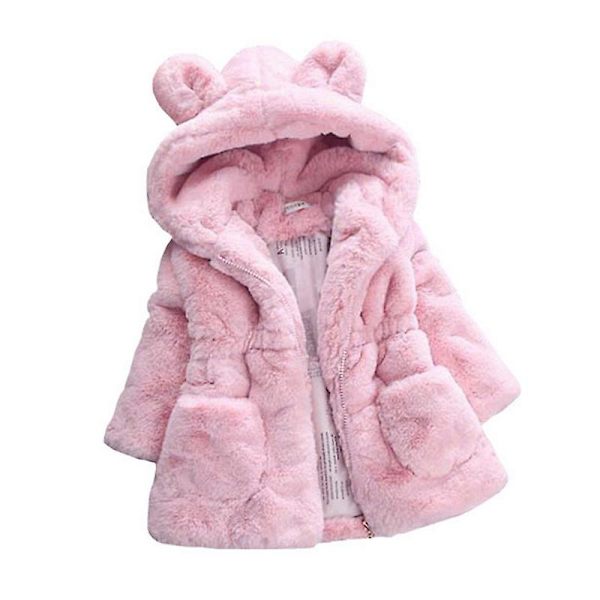 Børn Piger Vinter Fluffy Faux Pels Hættefrakke Fleece Tyk Varm Jakke Overtøj Pink 3-4 Years