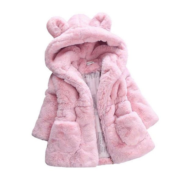 Flickor Vinter Fluffig Fuskpäls Huvjacka Fleece Tjock Varm Jacka Ytterkläder Pink 5-6 Years