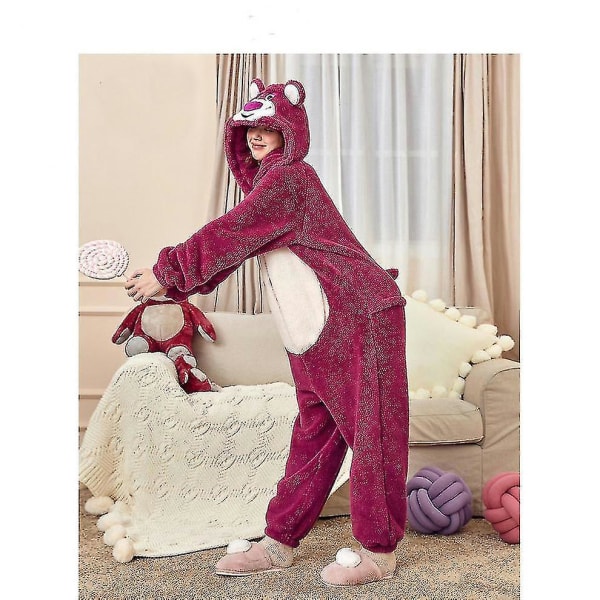 Kvinnor Onesies Pyjamas Strawberry Bear Kigurumi Thick Coral Velvet Loungewear Kvinnors Hemkläder Endelad Jumpsuit för vintern XL