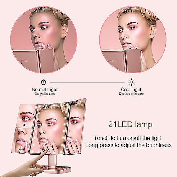 Sminkningsspegel med lampor, fåfängspegel med 1x 2x 3x förstoring, belyst sminkningsspegel, trefaldig sminkningsspegel, touch-kontroll, dubbel strömförsörjning, rose gold