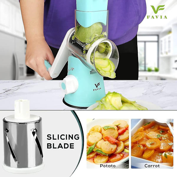 Rotary Hand Vegetable Grater, multifunktionell trumrivare, med 3 rostfria stålblad (blå)