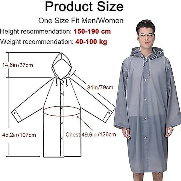 Genanvendelig regnfrakke til voksne, unisex nødregnfrakke, regnfrakke med hætte og snøre grey M