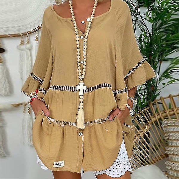 Dame Bomull Lin Hul Ut Ruffle Pullover Tunika Topper Bluse Skjorte Pluss Størrelse Khaki 4XL