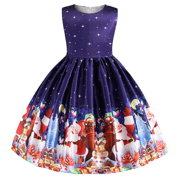 Børn Piger Juleprint Ærmeløs Prinsesse Gallakjole Prom Kjole Julefest Swing Kjole Royal Blue 3-4 Years