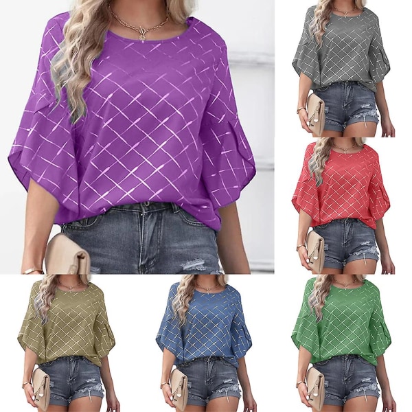 T-shirt med volangärm för kvinnor - mångsidig rundhalsad topp med kort ärm för stranden Purple M