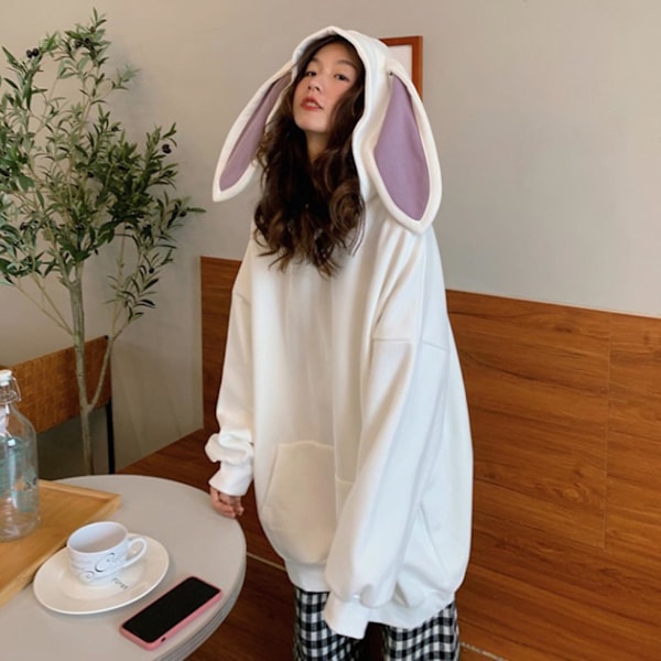 Kanin Hoodie Vår Och Höst Koreansk Stil Lös Långärmad Topp Dam Huvtröja White M