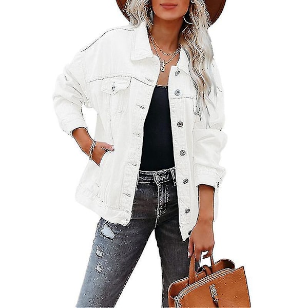 Dam Enfärgad Jeansjacka Lös Kavaj Enkelknäppt Street Jeansjacka White M