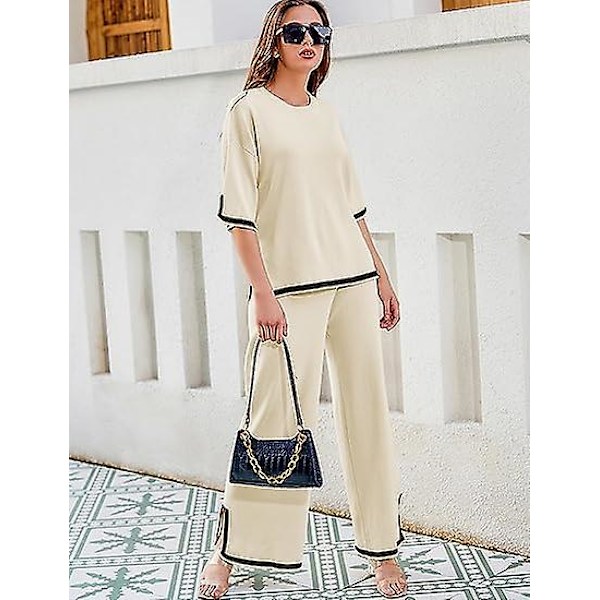 Fashion Kostym Färgkontrast Split Kortärmad Stickad + Högmidjade Slankande Vida Byxor Tvådelad Set Apricot M