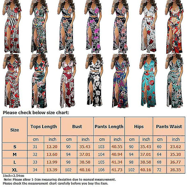 Naisten V-aukkoinen lomahame-setti, painettu crop-toppi ja hameet, 2-osainen asu, korkeavyötäröinen puku White Red XL