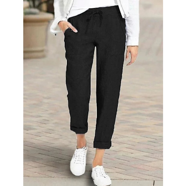 Lös passform Dam Byxor Bomull och Linne Casual Byxor Enfärgade Byxor med Fickor black XL