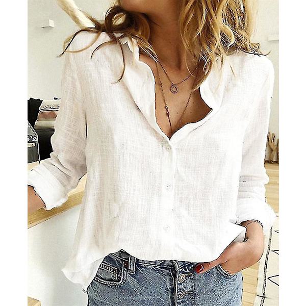 Dam V-ringad T-shirt Långärmad Knäppning Blusar Toppar White L