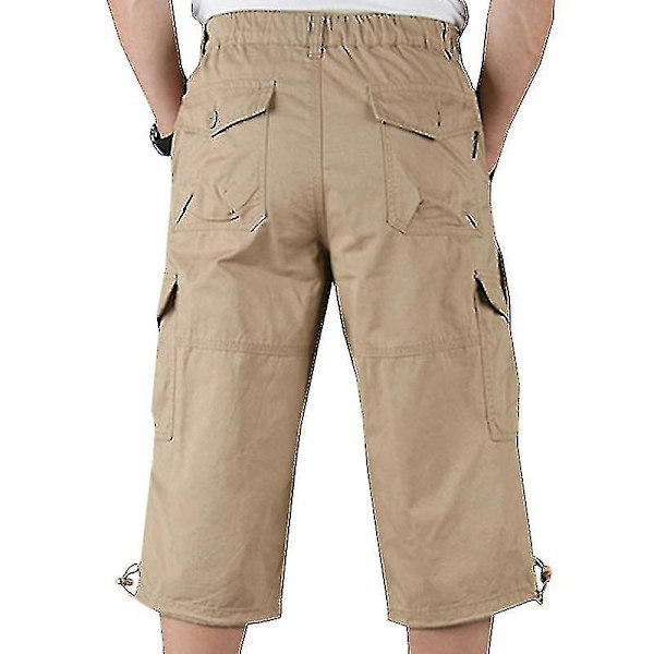 Herre 3/4 Lange Elastiske Shorts Talje Cargo Combat Trekvart Bukser Khaki M