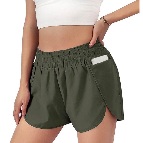 Elastiska lager-på-lager yogashorts för dam, sommar, lediga, lösa, enfärgade sportshorts Green L