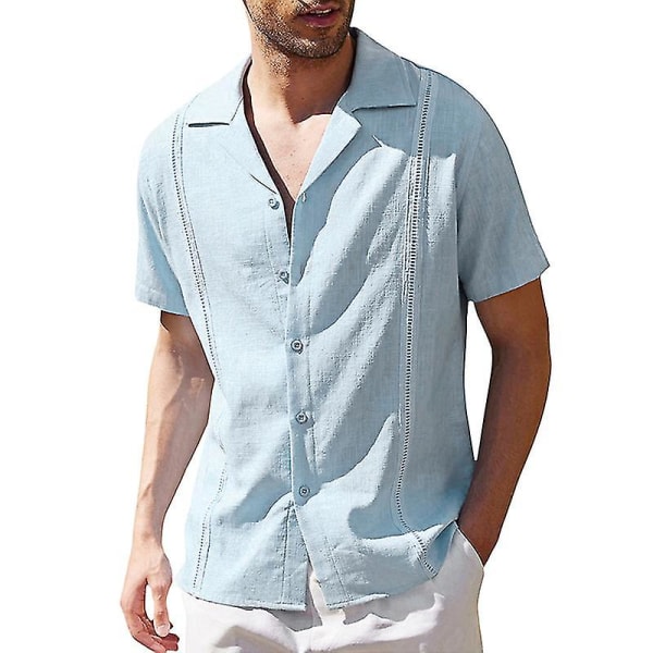 Herr linneskjortor Casual Baggy Button-up Solid Lapel Kortärmad Tops T-shirt Light Blue XL