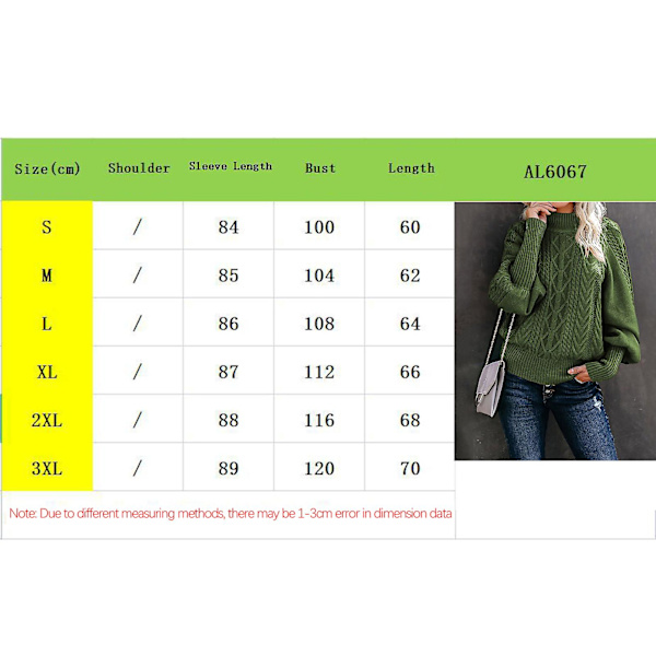 Naisten villapaita, kaapelikuvioitu lyhtymäinen hiha, ulkoiluun, treffeille ja ostoksille Army Green XL