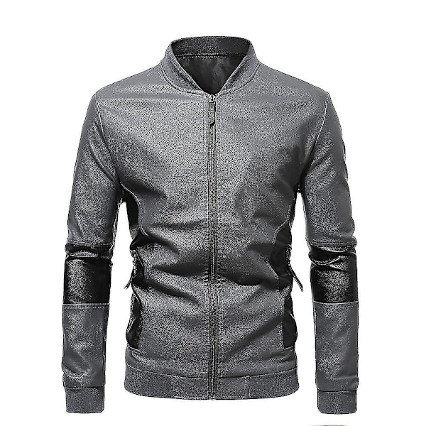 Herr Patchwork Ståkrage Läder Bikerjacka Slim Fit Casual Dragkedja Kappa Ytterkläder Gray 3XL
