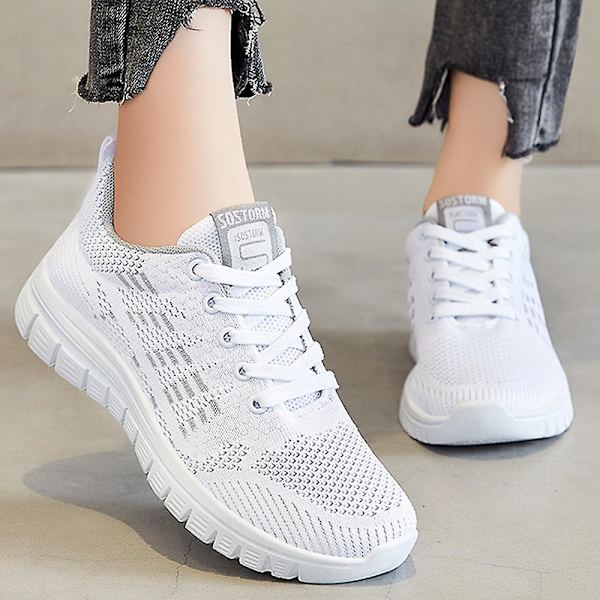 Dame Treningssko Løping Pustende Atletisk Snøring Sports Fitness Gym Joggesko Gåsko Arbeidssko White 41
