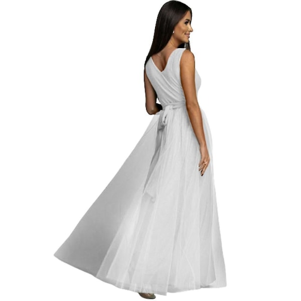 Dame V-hals Brudepike Bryllup Maxi Kjole Ballkjole Aften Cocktail Party Splitt Lange Kjoler Beste Gave White M