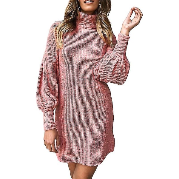 Langærmet mini fritidskjole til kvinder, slank høj hals T-shirt Bodycon kjole ensfarvet Pink XXL