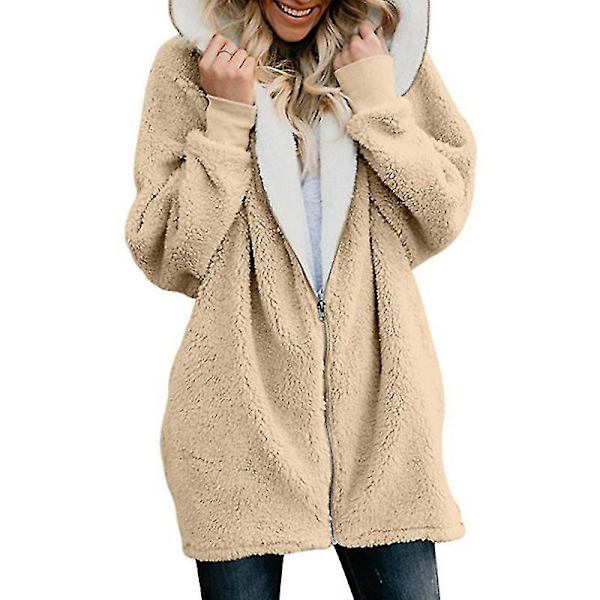 Damkofta Dragkedja Lös Enfärgad Splicing Hooded Ull Plysch Jacka Kappa Apricot 4XL