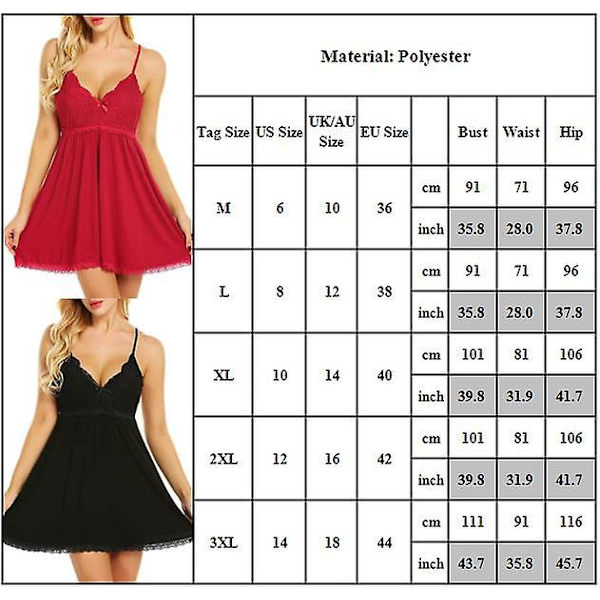 Dam Strappy Slip Klänning Nattlinne Med Stringtrosa Spetsunderkläder Nattklänning Babydoll Set Black M