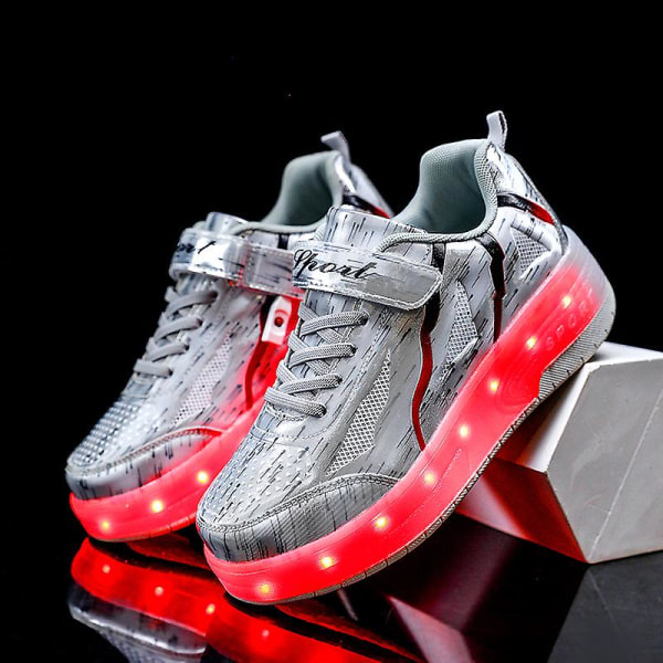 Barn To Hjul Lysende Selvlysende Joggesko Rød Rosa Blå LED Lys Rulleskøyte Sko Barn LED Sko Gutter Jenter USB Lading Q8- silver 32