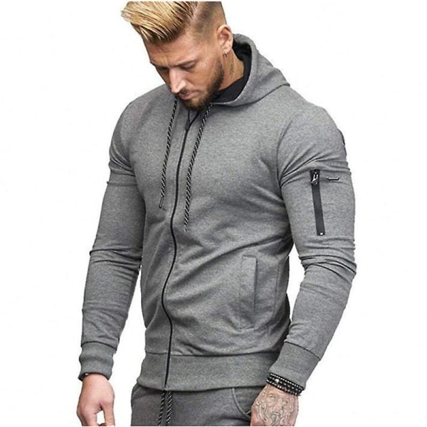 Herrar Hoodie Zipper Up Hooded Sweatshirt Vinter Sport Joggers Jumper Toppar Grey 2XL