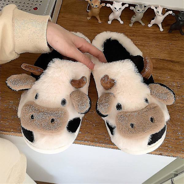 Mjuka Söta Ko Bomullstofflor Student Hem Halkfria Tofflor Varma Par Tecknad Mjölkko Plyschtofflor Style3-khaki-heel 40-41