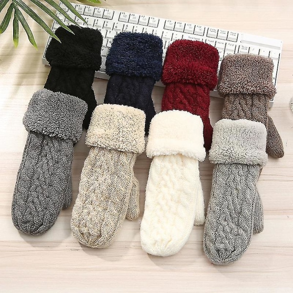 Dame Mode Strik Twist Blomster Votter Vinter Kvinde Uld Plus Cashmere Fløjl Fortykkelse Varme Fuld Finger Handsker N507-Khaki