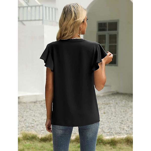 Dam Sommar Casual Delad V-ringning Chiffongblusar Lös Tunika Kortärmade Toppar 04black Small