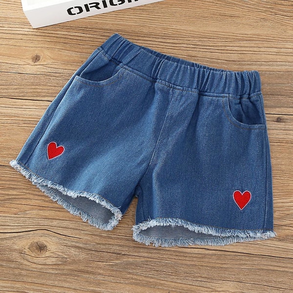 Løse denimshorts til piger med hjertebroderi, afslappede og komfortable shorts til tur, hverdag og hjem Black 140cm