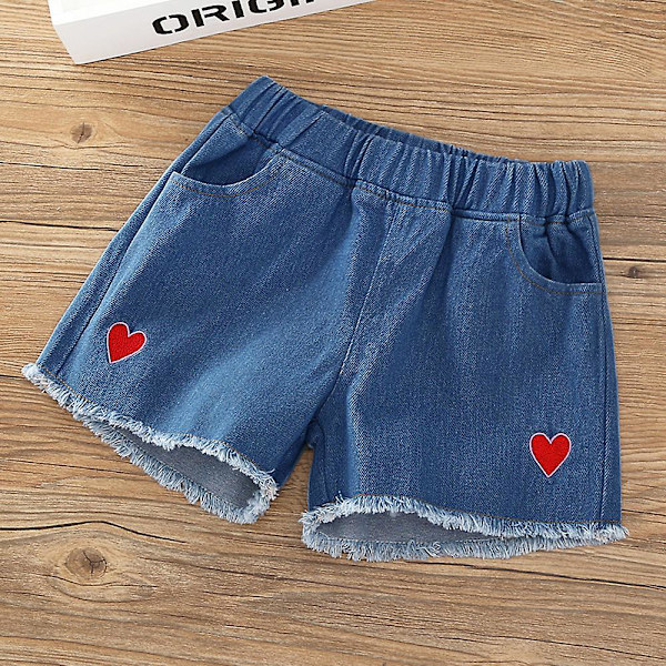 Tyttöjen väljät denim-shortsit sydänkirjailulla, rennot ja mukavat shortsit matkoille, arkikäyttöön ja kotiin Black 100cm