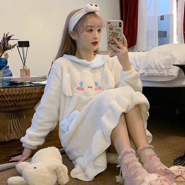 Kawaii Sarjakuva Sanrios Cinnamoroll Söpö Makea Korallifleece Yöpaita Valkoinen Puolipitkä Kotiasu Pyjamamekko XL Cinnamoroll