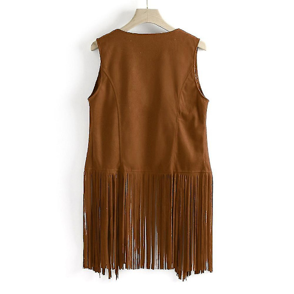 1970-tals Dam Tofs Ärmlös Kavajväst 70-tals Hippie Faux Mocka Fransad Väst Jacka Kofta Khaki L