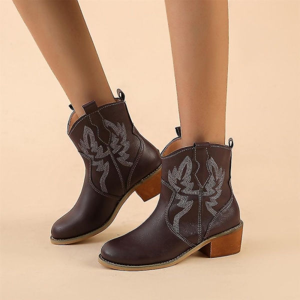 Dam Låg-cut Cowboy Boots Casual Mid Heel Bred Vidd Cowboy Ankle Bootie Skor Coffee 39