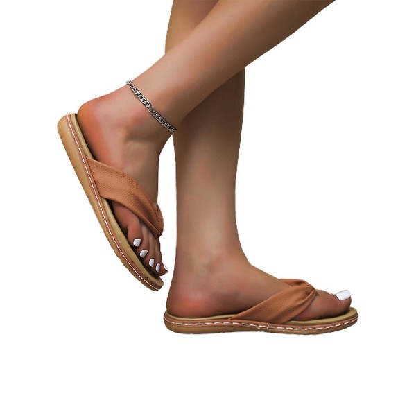 Dam Bowknot Flip Flops Tofflor Casual Clip Toe Sandaler Sommar Strand Platt Skor Brown 38