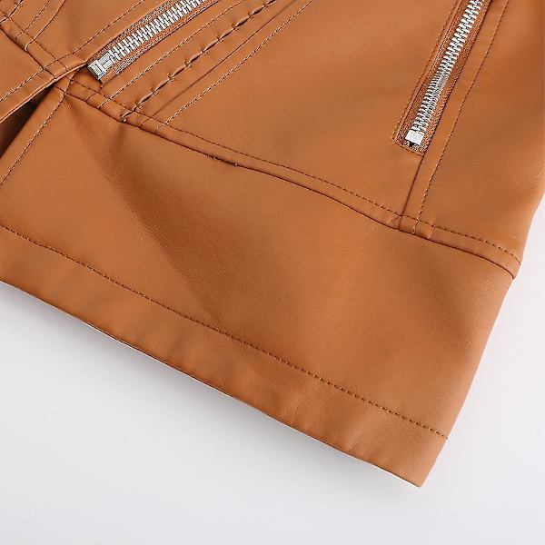 Dam Slim Fit Enfärgad Nitat Axel Dragkedja Kort Läderjacka Camel XS