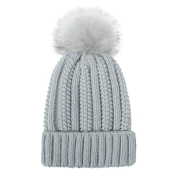 Vinterstrikket lue for kvinner med fuskepelsdusk, satengforet varm strikket skull cap light grey