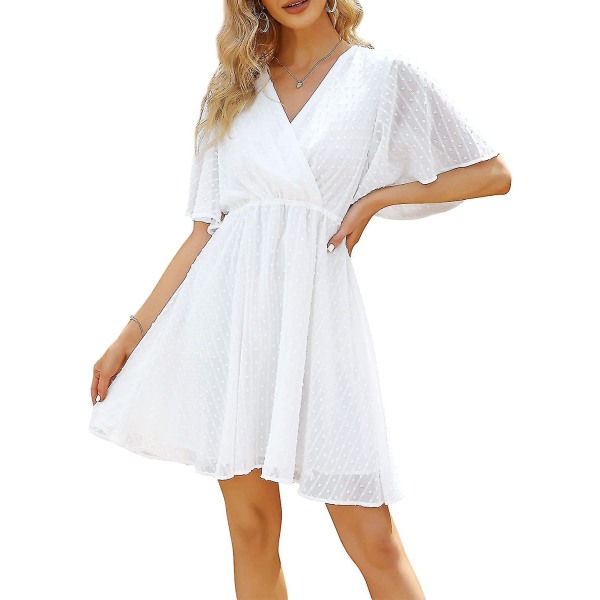 Sommarklänning Dam V-ringning Volangärm Klänning Tunika Volang Miniklänning White XL