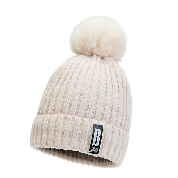 Dam Plus Sammet Pompom Stickad Mössa Vinter Varm Utomhus Ull Skidmössor Hatt Beige