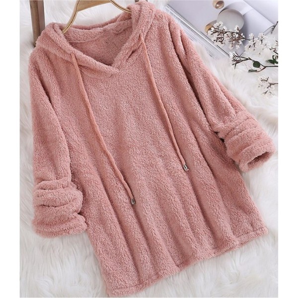 Plus Size Efterår Vinter Dame Langærmet Hætteklædte Plysset Fluffy Hættetrøjer Fleece Pullover Pyjamas Løs Wine Red L