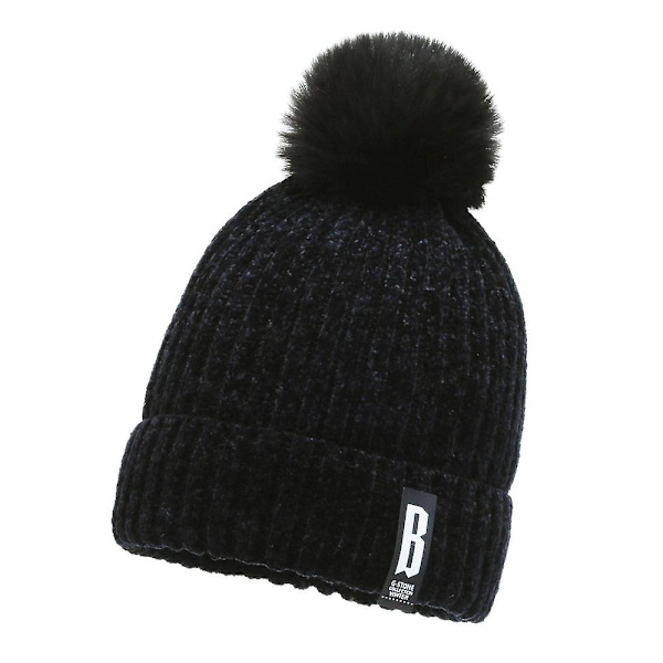 Dam Plus Sammet Pompom Stickad Mössa Vinter Varm Utomhus Ull Skidmössor Hatt Black