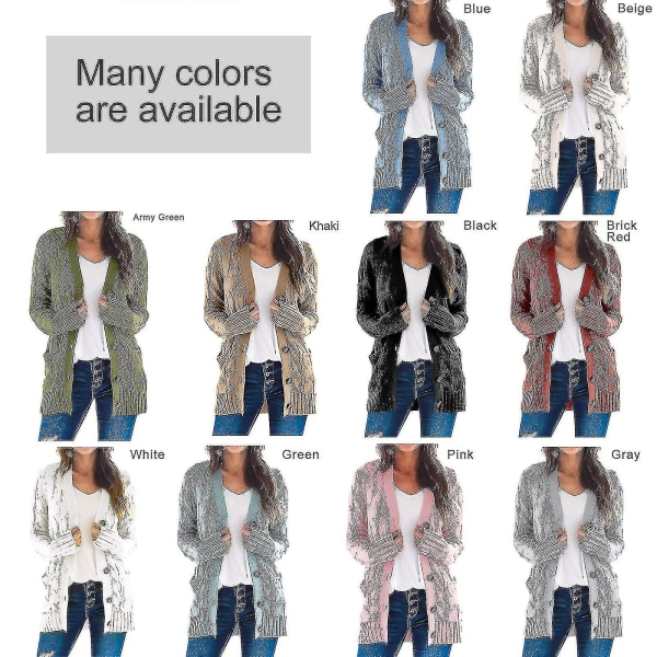 Långärmad kabelstickad kofta för kvinnor med casual kappa i en enfärgad ficka Gray 3XL