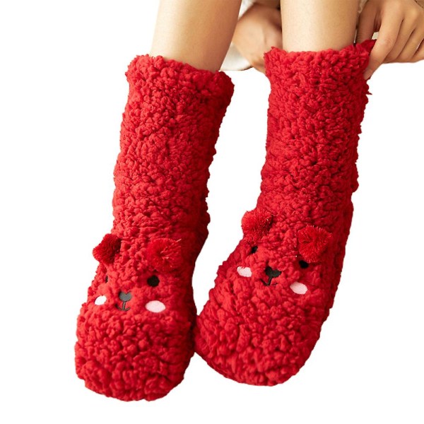Dammode Korall Fleece Mellanhöga Golvstrumpor Vinter Varma Hem Inomhus Tjocka Plyschstrumpor Red