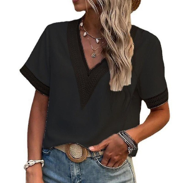 Dam Mode Spetsdetaljerad Tröja Dam Sommar Bohemisk V-ringad Blus Bekväm Black M